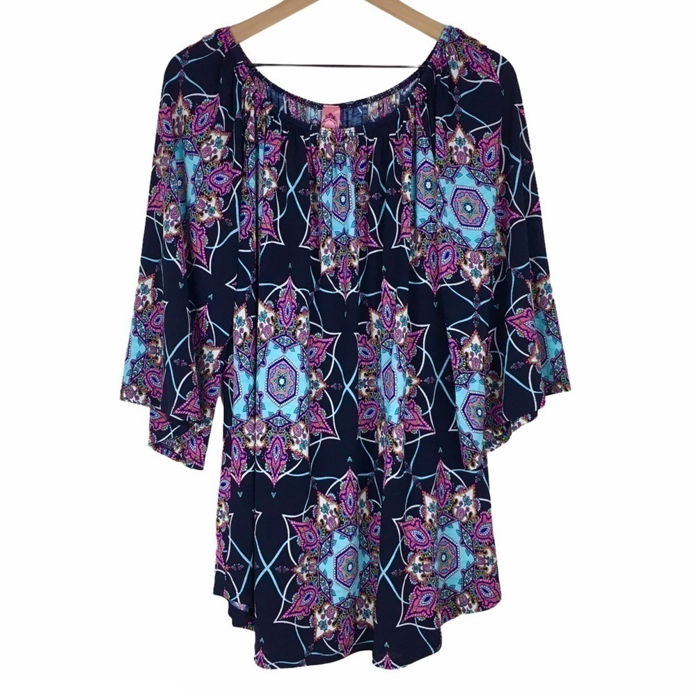 HONEYME CURVY Top Blouse Floral Mandala Geo Stretchy Hippie Boho Plus Size XXXL